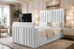 White Plush Velvet - Riviera Vertical Channel Storage TV Bed Set with End Lift – 48" Floor Standing Headboard