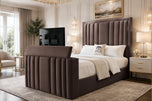 Mocha Plush Velvet - Riviera Vertical Channel Storage TV Bed Set with End Lift – 48" Floor Standing Headboard
