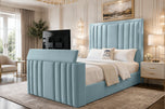 Sky Plush Velvet - Riviera Vertical Channel Storage TV Bed Set with End Lift – 48" Floor Standing Headboard