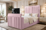 Pink Plush Velvet - Riviera Vertical Channel Storage TV Bed Set with End Lift – 48" Floor Standing Headboard