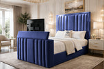 Royal Blue Plush Velvet - Riviera Vertical Channel Storage TV Bed Set with End Lift – 48" Floor Standing Headboard