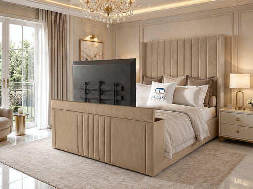 Sovereign Vertical Channel Wingback Storage TV Bed Set with End Lift – 48" Floor Standing Headboard