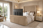 Beige Plush Velvet - Sovereign Vertical Channel Wingback Storage TV Bed Set with End Lift – 48" Floor Standing Headboard