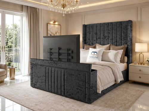 Sovereign Vertical Channel Wingback Storage TV Bed Set with End Lift – 54" Floor Standing Headboard