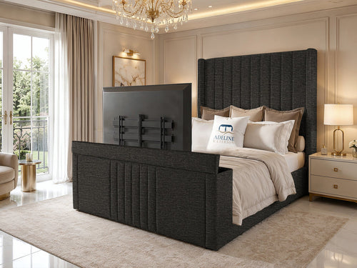 Sovereign Vertical Channel Wingback Storage TV Bed Set with End Lift – 54" Floor Standing Headboard