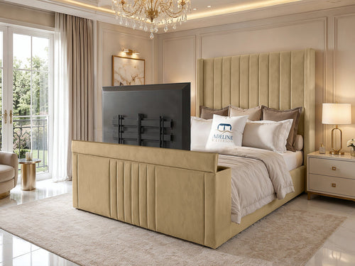 Sovereign Vertical Channel Wingback Storage TV Bed Set with End Lift – 54" Floor Standing Headboard
