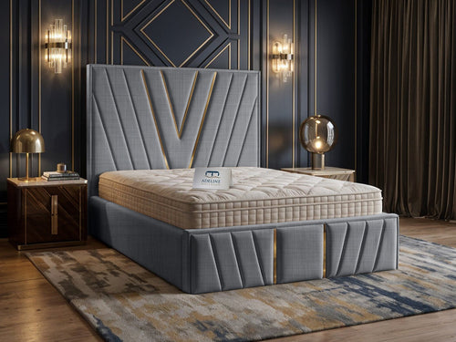 Verona Gold V-Panel Upholstered Bed Set with Floor Standing Headboard, Footboard & Storage Upgrade Option