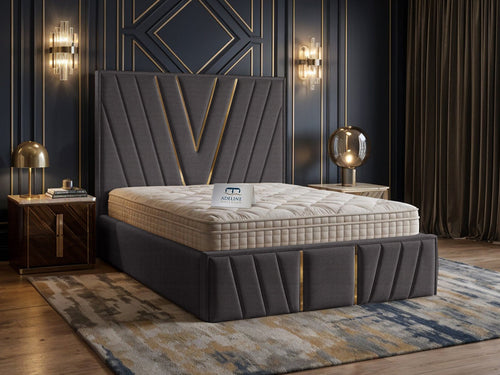 Verona Gold V-Panel Upholstered Bed Set with Floor Standing Headboard, Footboard & Storage Upgrade Option