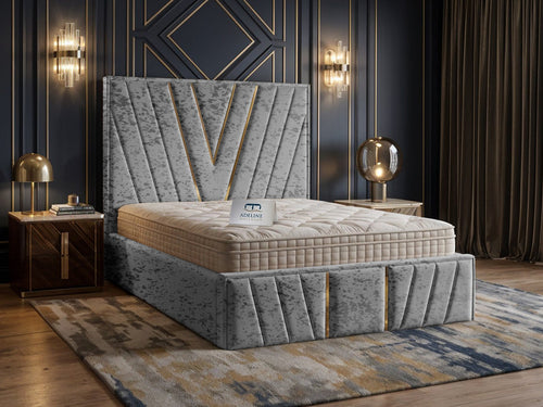 Verona Gold V-Panel Upholstered Bed Set with Floor Standing Headboard, Footboard & Storage Upgrade Option