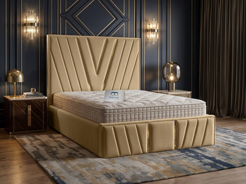 Verona Gold V-Panel Upholstered Bed Set with Floor Standing Headboard, Footboard & Storage Upgrade Option