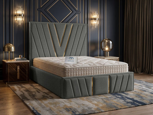 Verona Gold V-Panel Upholstered Bed Set with Floor Standing Headboard, Footboard & Storage Upgrade Option