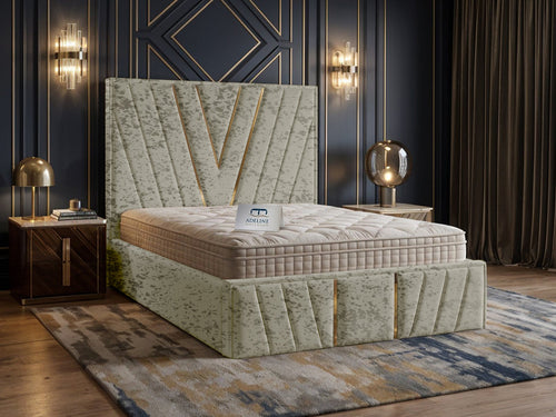Verona Gold V-Panel Upholstered Bed Set with Floor Standing Headboard, Footboard & Storage Upgrade Option