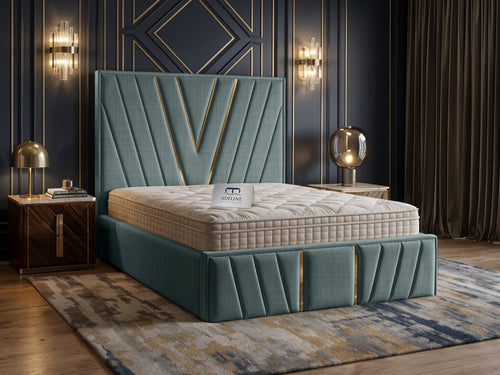 Verona Gold V-Panel Upholstered Bed Set with Floor Standing Headboard, Footboard & Storage Upgrade Option
