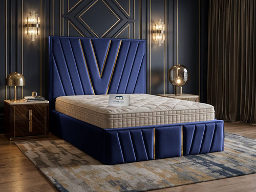 Verona Gold V-Panel Upholstered Bed Set with Floor Standing Headboard, Footboard & Storage Upgrade Option