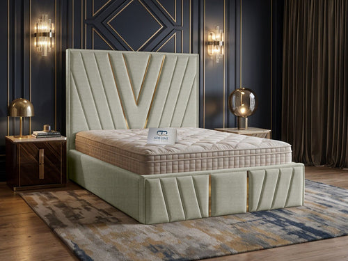 Verona Gold V-Panel Upholstered Bed Set with Floor Standing Headboard, Footboard & Storage Upgrade Option