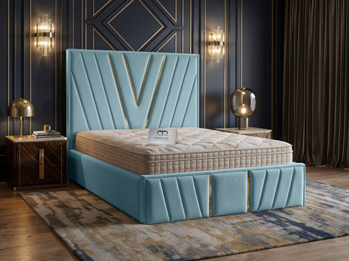 Verona Gold V-Panel Upholstered Bed Set with Floor Standing Headboard, Footboard & Storage Upgrade Option