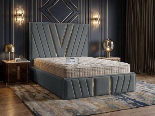 Verona Gold V-Panel Upholstered Bed Set with Floor Standing Headboard, Footboard & Storage Upgrade Option