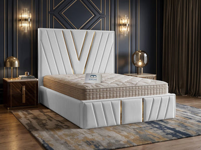 Verona Gold V-Panel Upholstered Bed Set with Floor Standing Headboard, Footboard & Storage Upgrade Option