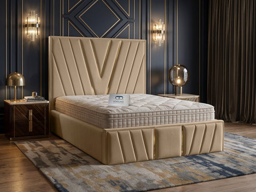 Verona Gold V-Panel Upholstered Bed Set with Floor Standing Headboard, Footboard & Storage Upgrade Option