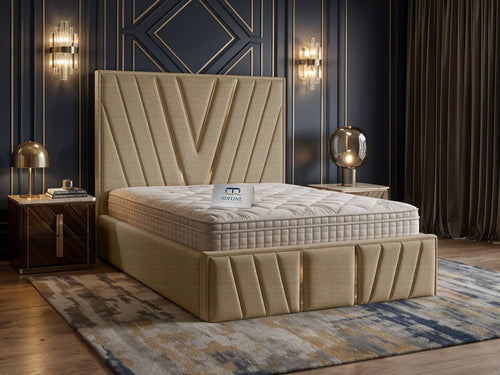 Verona Gold V-Panel Upholstered Bed Set with Floor Standing Headboard, Footboard & Storage Upgrade Option