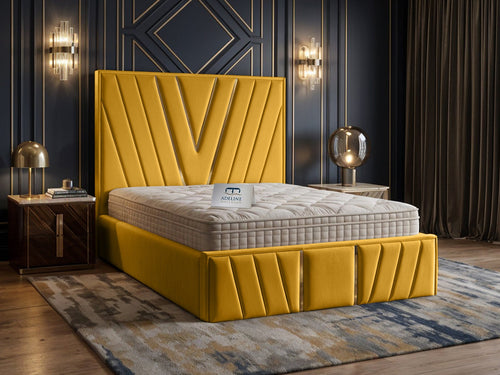 Verona Gold V-Panel Upholstered Bed Set with Floor Standing Headboard, Footboard & Storage Upgrade Option
