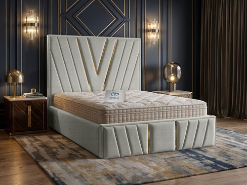 Verona Gold V-Panel Upholstered Bed Set with Floor Standing Headboard, Footboard & Storage Upgrade Option