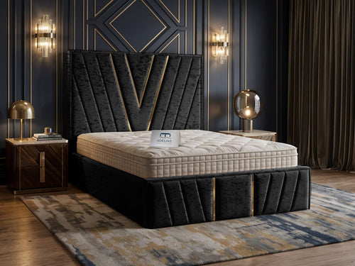Verona Gold V-Panel Upholstered Bed Set with Floor Standing Headboard, Footboard & Storage Upgrade Option