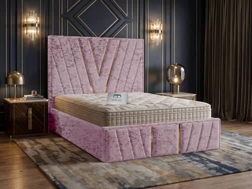 Verona Gold V-Panel Upholstered Bed Set with Floor Standing Headboard, Footboard & Storage Upgrade Option