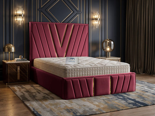 Verona Gold V-Panel Upholstered Bed Set with Floor Standing Headboard, Footboard & Storage Upgrade Option