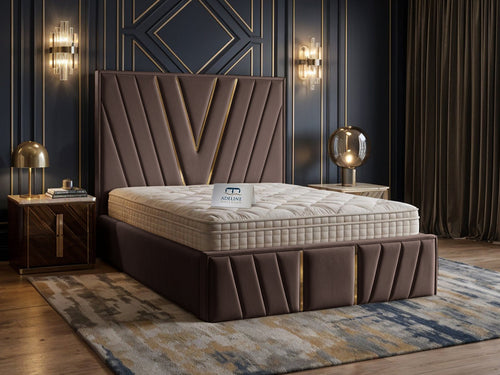 Verona Gold V-Panel Upholstered Bed Set with Floor Standing Headboard, Footboard & Storage Upgrade Option
