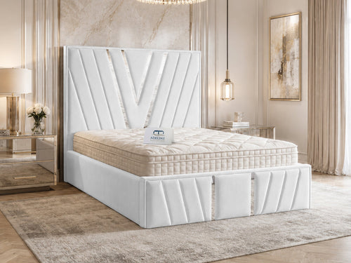 Verona Silver V-Panel Upholstered Bed Set with Floor Standing Headboard, Footboard & Storage Upgrade Option