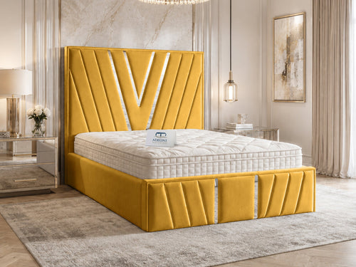 Verona Silver V-Panel Upholstered Bed Set with Floor Standing Headboard, Footboard & Storage Upgrade Option
