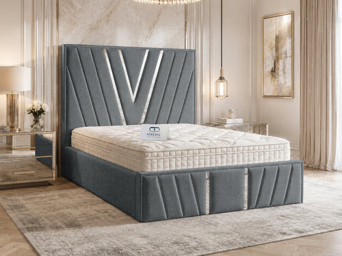 Verona Silver V-Panel Upholstered Bed Set with Floor Standing Headboard, Footboard & Storage Upgrade Option