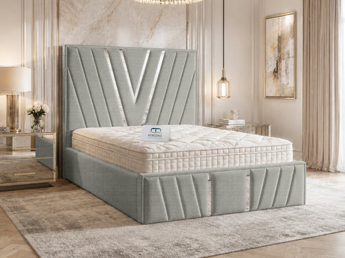 Verona Silver V-Panel Upholstered Bed Set with Floor Standing Headboard, Footboard & Storage Upgrade Option