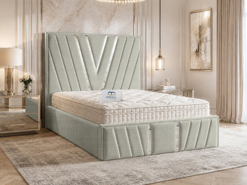 Verona Silver V-Panel Upholstered Bed Set with Floor Standing Headboard, Footboard & Storage Upgrade Option