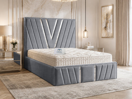 Verona Silver V-Panel Upholstered Bed Set with Floor Standing Headboard, Footboard & Storage Upgrade Option