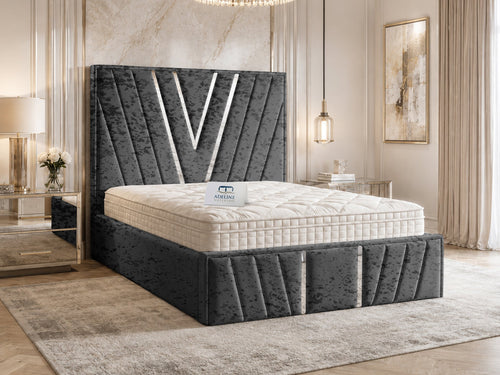 Verona Silver V-Panel Upholstered Bed Set with Floor Standing Headboard, Footboard & Storage Upgrade Option