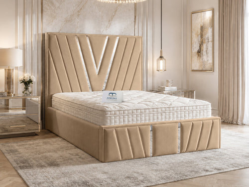 Verona Silver V-Panel Upholstered Bed Set with Floor Standing Headboard, Footboard & Storage Upgrade Option