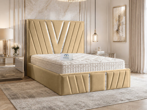 Verona Silver V-Panel Upholstered Bed Set with Floor Standing Headboard, Footboard & Storage Upgrade Option