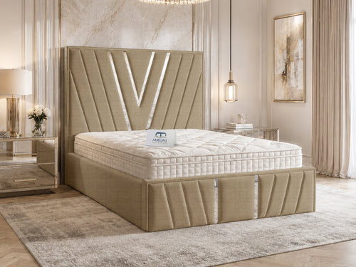 Verona Silver V-Panel Upholstered Bed Set with Floor Standing Headboard, Footboard & Storage Upgrade Option