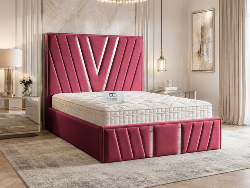 Verona Silver V-Panel Upholstered Bed Set with Floor Standing Headboard, Footboard & Storage Upgrade Option