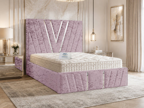 Verona Silver V-Panel Upholstered Bed Set with Floor Standing Headboard, Footboard & Storage Upgrade Option