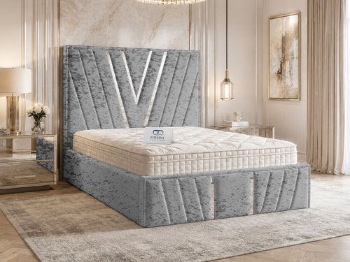 Verona Silver V-Panel Upholstered Bed Set with Floor Standing Headboard, Footboard & Storage Upgrade Option