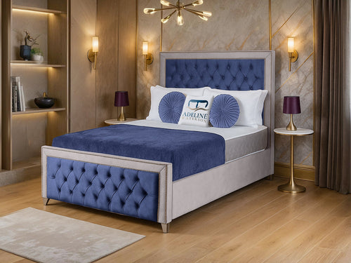 Victoria Bordered Button-Tufted Dual Tone Fabric Bed Set with Floor Standing Headboard, Footboard & Storage Upgrade Option