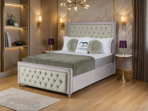 Victoria Bordered Button-Tufted Dual Tone Fabric Bed Set with Floor Standing Headboard, Footboard & Storage Upgrade Option