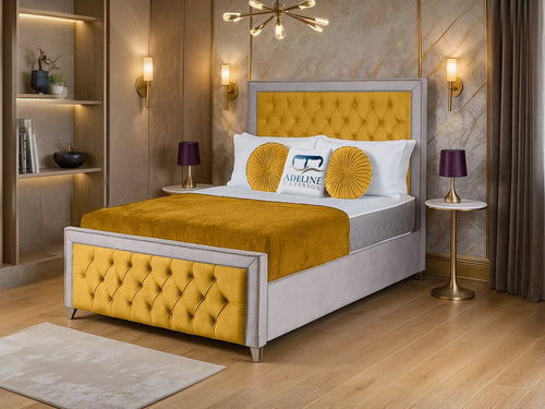 Victoria Bordered Button-Tufted Dual Tone Fabric Bed Set with Floor Standing Headboard, Footboard & Storage Upgrade Option