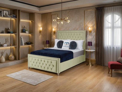 Victoria Bordered Button-Tufted Wingback Upholstered Bed Set with Floor Standing Headboard, Footboard & Storage Upgrade Option