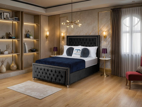 Victoria Bordered Button-Tufted Wingback Upholstered Bed Set with Floor Standing Headboard, Footboard & Storage Upgrade Option