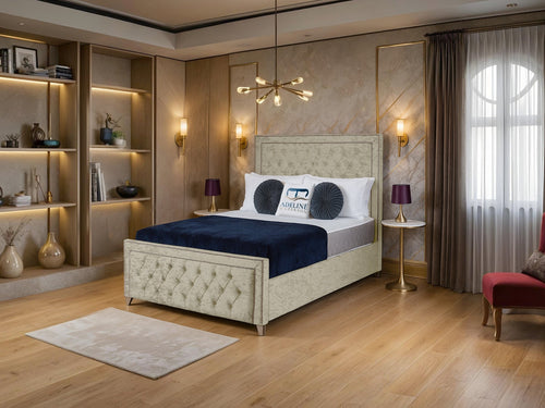 Victoria Bordered Button-Tufted Wingback Upholstered Bed Set with Floor Standing Headboard, Footboard & Storage Upgrade Option