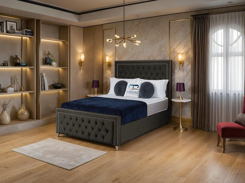 Victoria Bordered Button-Tufted Wingback Upholstered Bed Set with Floor Standing Headboard, Footboard & Storage Upgrade Option